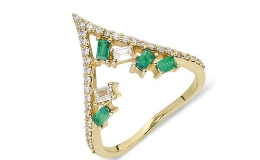 Diamond and Emerald Chevron Gold Ring