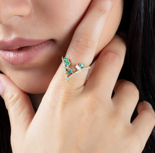 Diamond and Emerald Chevron Gold Ring